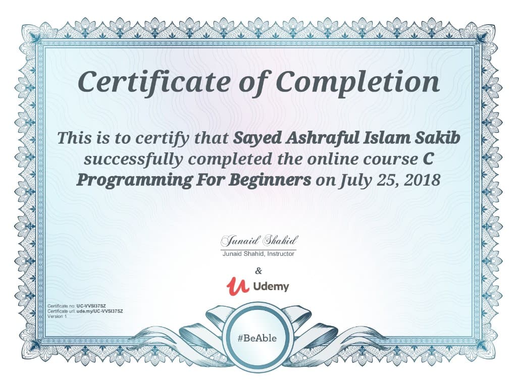 Udemy certificate: C Programming For Beginners