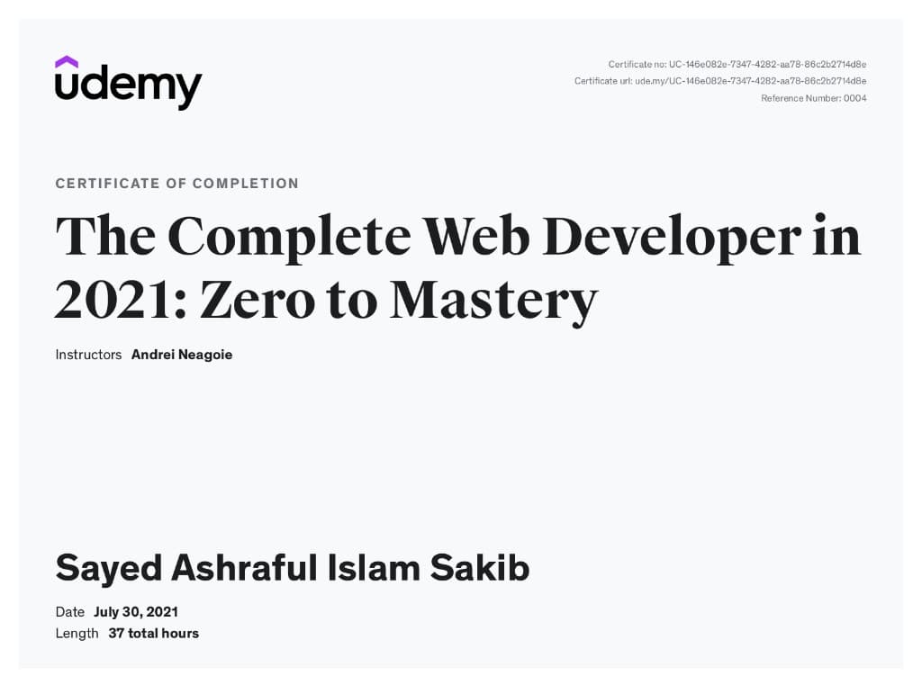 Udemy certificate: The Complete Web Developer in 2021: Zero to Mastery