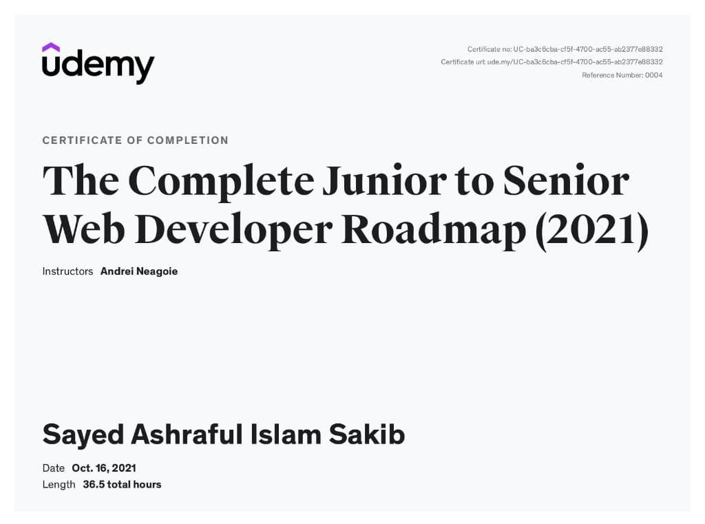 Udemy certificate: The Complete Junior to Senior Web Developer Roadmap (2021)